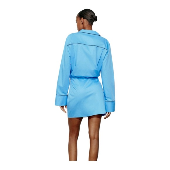 💙 ZARA Blue Short Trench Mini Dress Size S – Contrast Piping, Lapel Collar - Picture 3 of 8